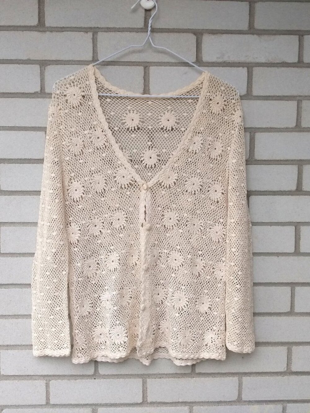 Vintage Crochet Lace Cardigan Sweater Handmade Cream Off-White Cottagecore